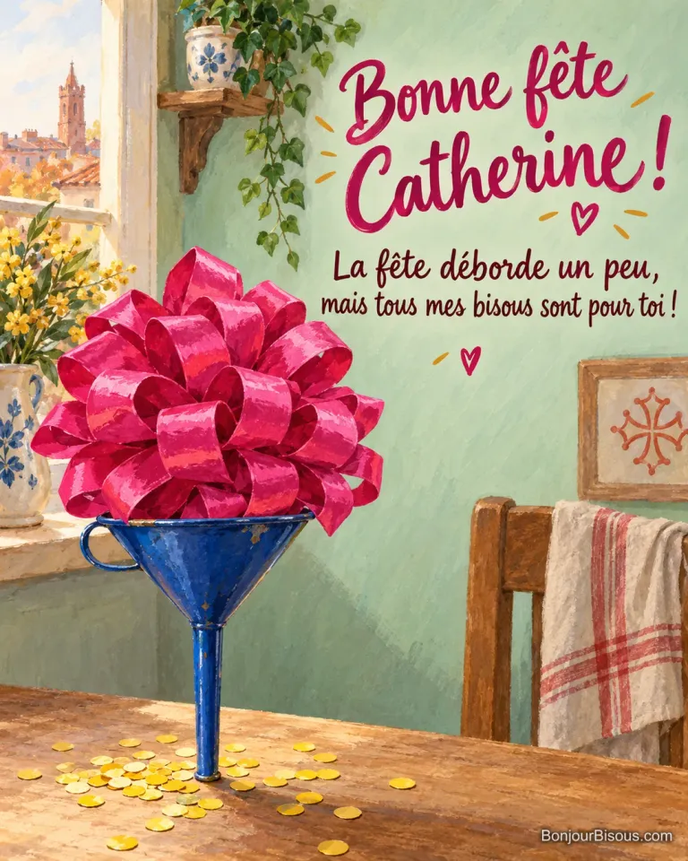 Une énorme rosette de ruban fuchsia dépasse d’un petit entonnoir bleu, parmi des confettis. Texte : « Bonne fête Catherine ! La fête déborde un peu, mais tous mes bisous sont pour toi ! »