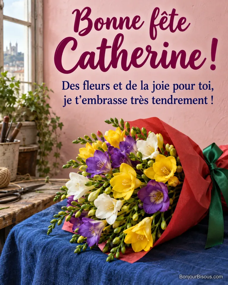 Une brassée de freesias jaunes, violets et blancs est nouée d’un ruban vert dans un papier rouge. Texte : « Bonne fête Catherine ! Des fleurs et de la joie pour toi, je t’embrasse très tendrement ! »