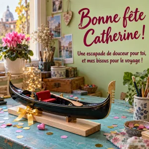 Une gondole miniature en bois, offerte avec un nœud jaune, repose sur une table turquoise. Texte : « Bonne fête Catherine ! Une escapade de douceur pour toi, et mes bisous pour le voyage ! »
