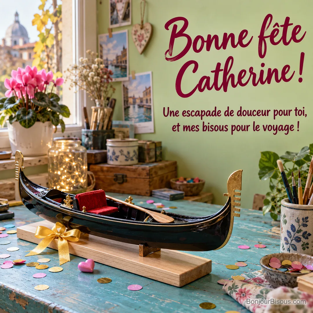 Une gondole miniature en bois, offerte avec un nœud jaune, repose sur une table turquoise. Texte : « Bonne fête Catherine ! Une escapade de douceur pour toi, et mes bisous pour le voyage ! »