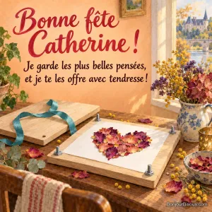 Un presse-fleurs ouvert révèle un cœur de pétales de roses séchées, à côté d’un ruban turquoise. Texte : « Bonne fête Catherine ! Je garde les plus belles pensées, et je te les offre avec tendresse ! »