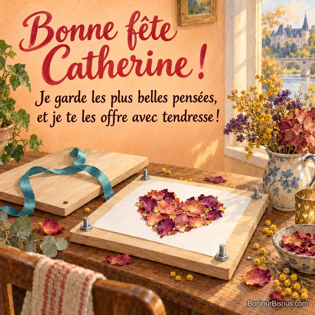 Un presse-fleurs ouvert révèle un cœur de pétales de roses séchées, à côté d’un ruban turquoise. Texte : « Bonne fête Catherine ! Je garde les plus belles pensées, et je te les offre avec tendresse ! »