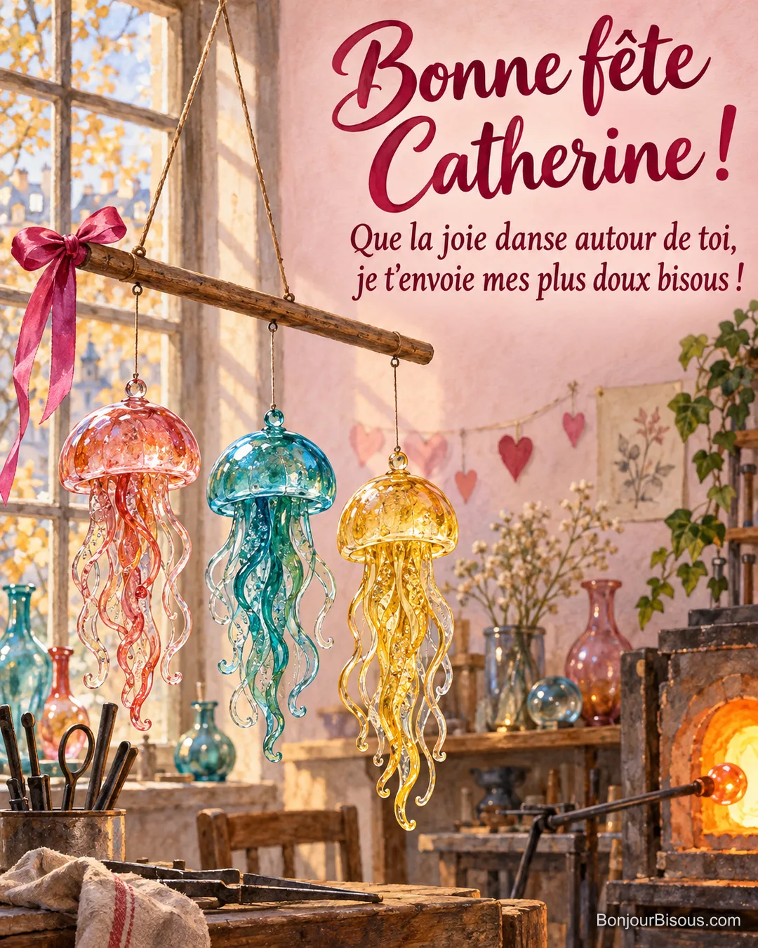 Trois méduses décoratives en verre corail, turquoise et jaune composent un mobile offert avec un ruban fuchsia. Texte : « Bonne fête Catherine ! Que la joie danse autour de toi, je t’envoie mes plus doux bisous ! »