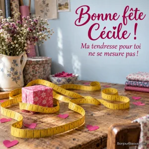 Un immense ruban de mesure sans chiffres entoure très lâchement un tout petit paquet rose. Le message dit : « Bonne fête Cécile ! Ma tendresse pour toi ne se mesure pas ! »