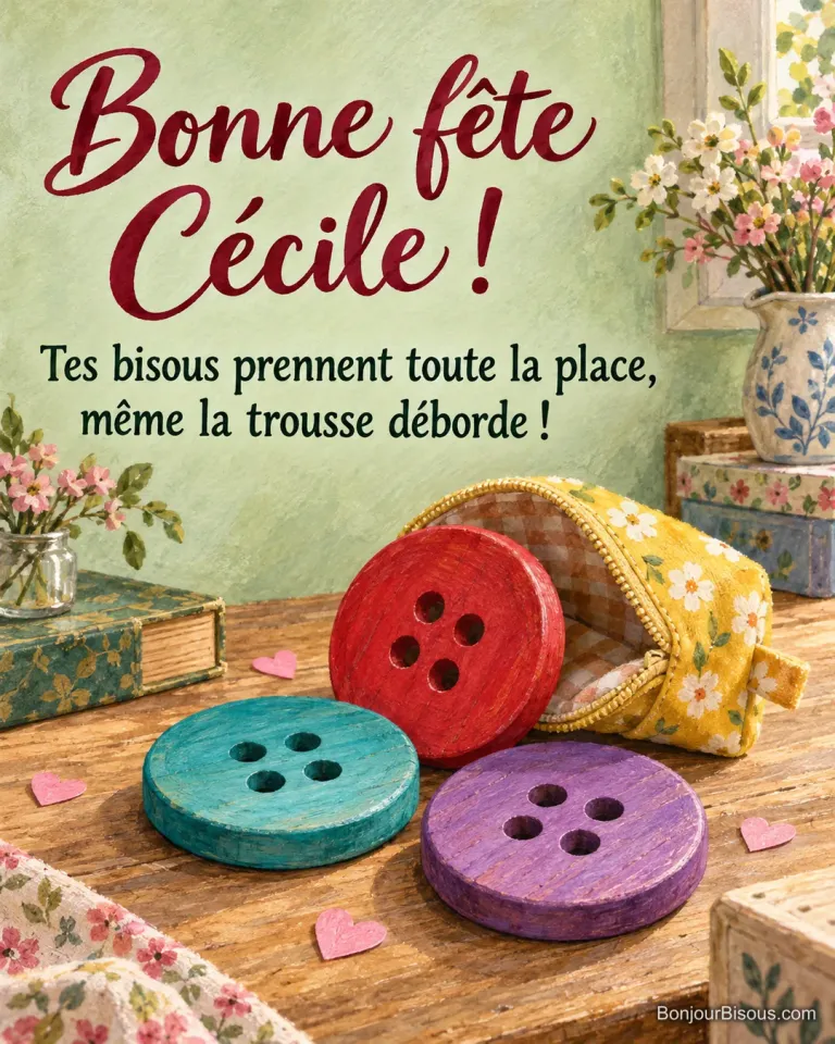 Trois énormes boutons colorés à quatre trous débordent d’une minuscule trousse de couture jaune. Le message dit : « Bonne fête Cécile ! Tes bisous prennent toute la place, même la trousse déborde ! »