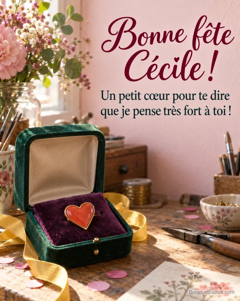 Une broche en cœur émaillé corail repose sur du velours violet dans un écrin vert ouvert. Le message dit : « Bonne fête Cécile ! Un petit cœur pour te dire que je pense très fort à toi ! »
