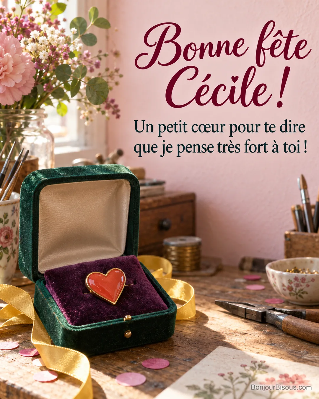 Une broche en cœur émaillé corail repose sur du velours violet dans un écrin vert ouvert. Le message dit : « Bonne fête Cécile ! Un petit cœur pour te dire que je pense très fort à toi ! »