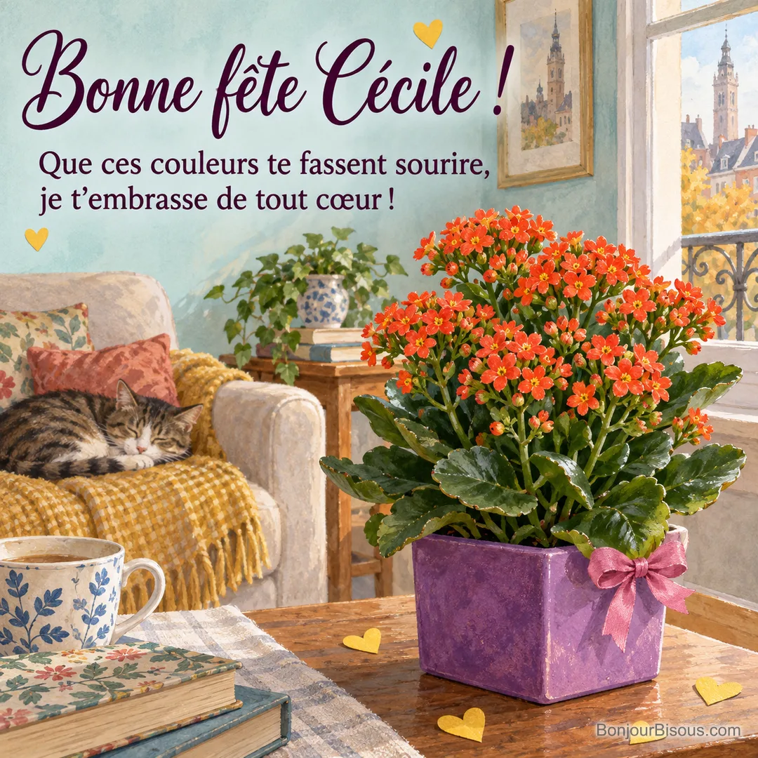 Un kalanchoé couvert de petites fleurs orange rouge illumine un cache-pot violet noué de rose. Le message dit : « Bonne fête Cécile ! Que ces couleurs te fassent sourire, je t’embrasse de tout cœur ! »