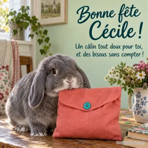 Un lapin bélier gris repose son menton sur une pochette cadeau en popeline corail. Le message dit : « Bonne fête Cécile ! Un câlin tout doux pour toi, et des bisous sans compter ! »