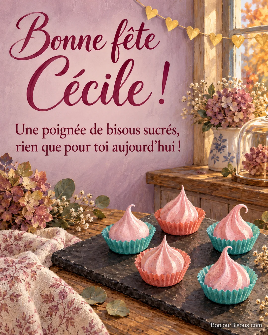 Cinq meringues roses en forme de bisous se présentent dans des caissettes corail et turquoise. Le message dit : « Bonne fête Cécile ! Une poignée de bisous sucrés, rien que pour toi aujourd’hui ! »