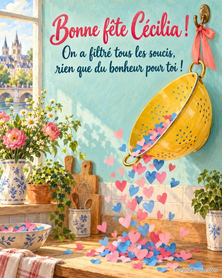 Une passoire jaune renversée laisse tomber une pluie de confettis roses et bleus, avec le message « Bonne fête Cécilia ! On a filtré tous les soucis, rien que du bonheur pour toi ! ».