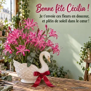 Des nérines fuchsia de novembre s’épanouissent dans une coupe blanche en forme de cygne, avec le message « Bonne fête Cécilia ! Je t’envoie ces fleurs en douceur, et plein de soleil dans le cœur ! ».