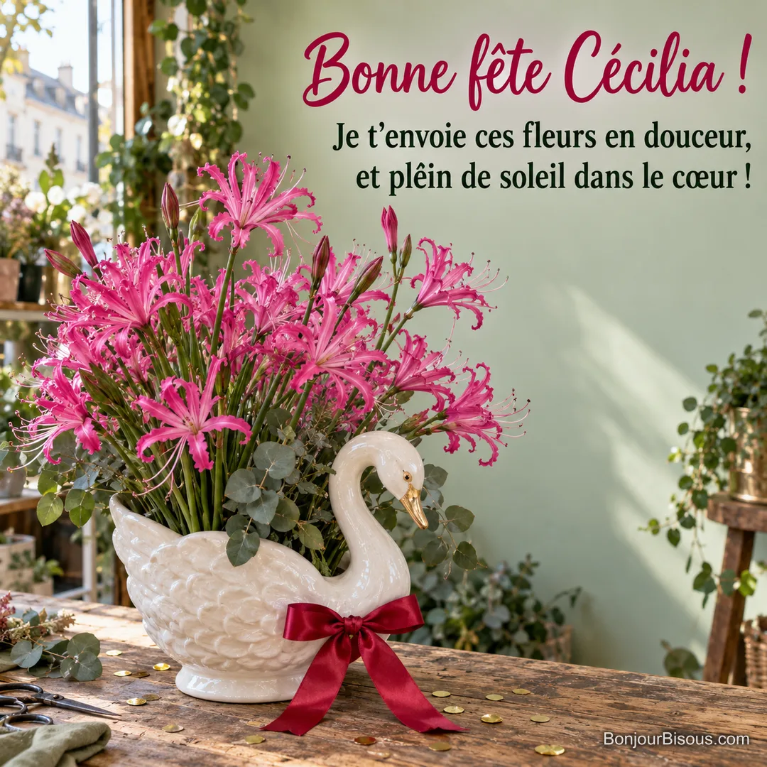 Des nérines fuchsia de novembre s’épanouissent dans une coupe blanche en forme de cygne, avec le message « Bonne fête Cécilia ! Je t’envoie ces fleurs en douceur, et plein de soleil dans le cœur ! ». Des nérines fuchsia de novembre s’épanouissent dans une coupe blanche en forme de cygne, avec le message « Bonne fête Cécilia ! Je t’envoie ces fleurs en douceur, et plein de soleil dans le cœur ! ».