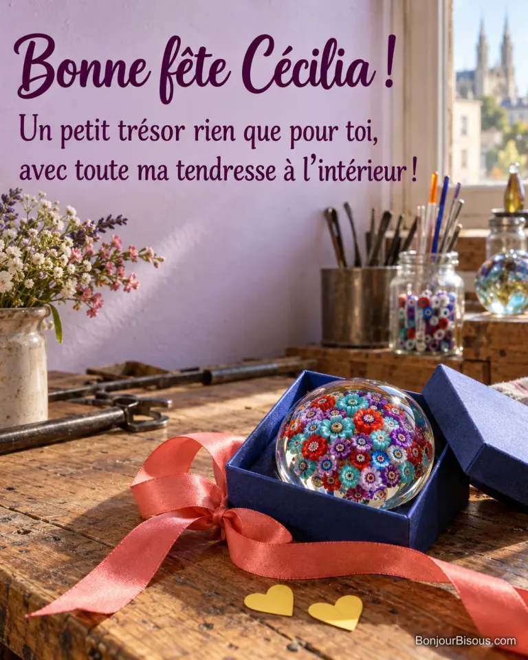Un presse-papier en verre millefiori repose sur sa boîte cadeau bleue, près d’un ruban corail, avec le message « Bonne fête Cécilia ! Un petit trésor rien que pour toi, avec toute ma tendresse à l’intérieur ! ».