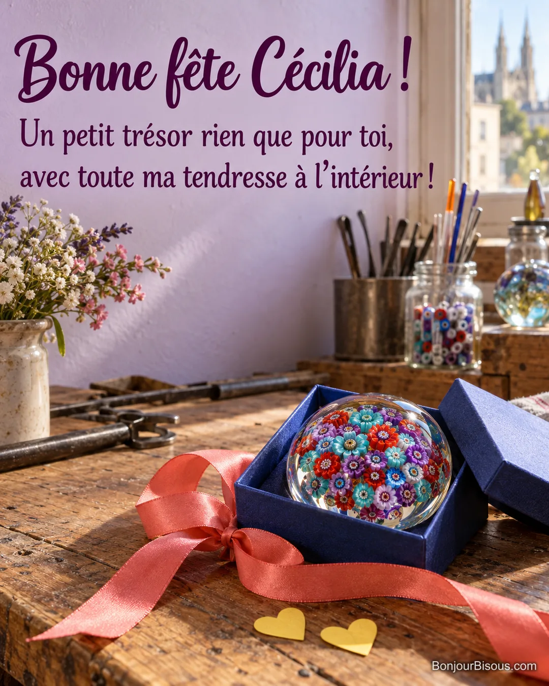 Un presse-papier en verre millefiori repose sur sa boîte cadeau bleue, près d’un ruban corail, avec le message « Bonne fête Cécilia ! Un petit trésor rien que pour toi, avec toute ma tendresse à l’intérieur ! ». Un presse-papier en verre millefiori repose sur sa boîte cadeau bleue, près d’un ruban corail, avec le message « Bonne fête Cécilia ! Un petit trésor rien que pour toi, avec toute ma tendresse à l’intérieur ! ».