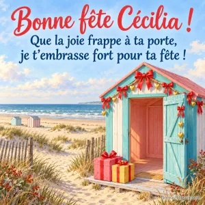 Une cabine de plage turquoise et corail accueille des cadeaux sous une guirlande de nœuds rouges, avec le message « Bonne fête Cécilia ! Que la joie frappe à ta porte, je t’embrasse fort pour ta fête ! ».