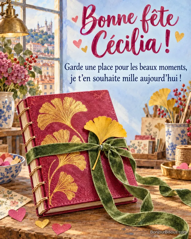Un carnet framboise aux feuilles de ginkgo dorées est fermé par un ruban vert, avec le message « Bonne fête Cécilia ! Garde une place pour les beaux moments, je t’en souhaite mille aujourd’hui ! ».