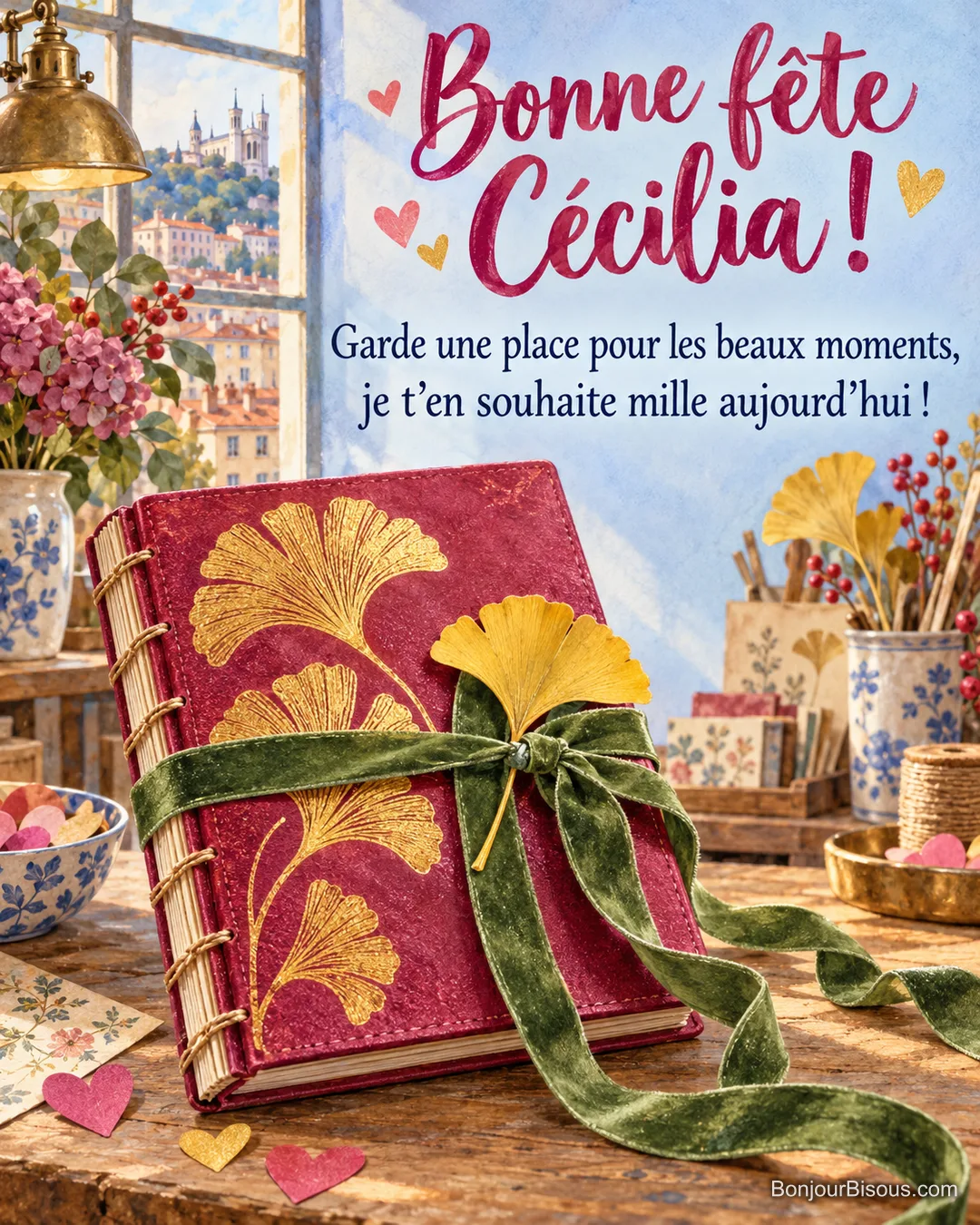 Un carnet framboise aux feuilles de ginkgo dorées est fermé par un ruban vert, avec le message « Bonne fête Cécilia ! Garde une place pour les beaux moments, je t’en souhaite mille aujourd’hui ! ». Un carnet framboise aux feuilles de ginkgo dorées est fermé par un ruban vert, avec le message « Bonne fête Cécilia ! Garde une place pour les beaux moments, je t’en souhaite mille aujourd’hui ! ».