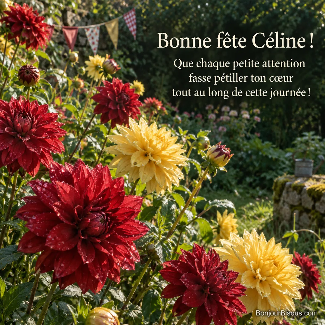 Des dahlias rouges et jaunes illuminent un jardin de Touraine, avec le message « Bonne fête Céline ! Que chaque petite attention fasse pétiller ton cœur tout au long de cette journée ! ». Des dahlias rouges et jaunes illuminent un jardin de Touraine, avec le message « Bonne fête Céline ! Que chaque petite attention fasse pétiller ton cœur tout au long de cette journée ! ».