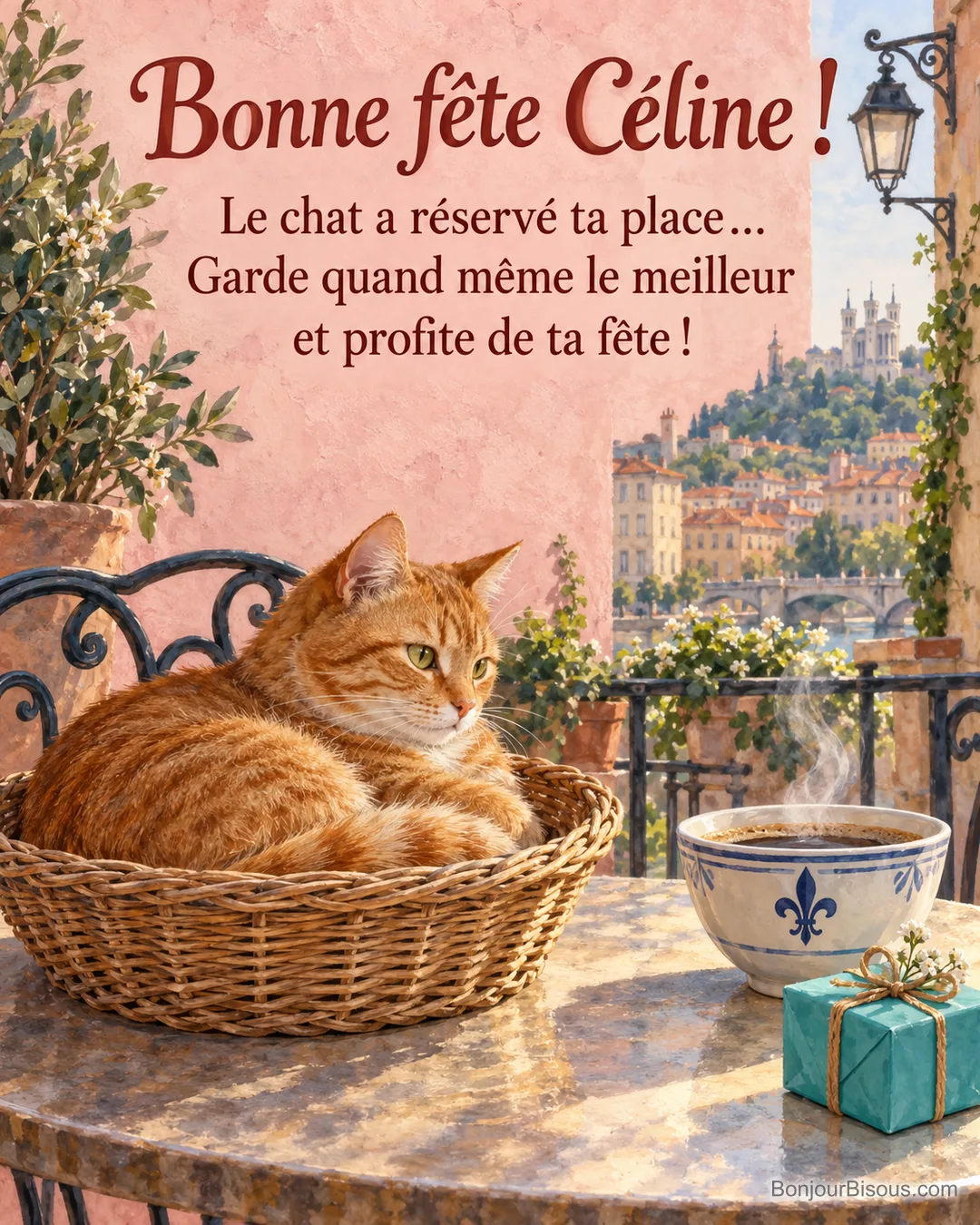 Un chat roux occupe un panier sur une terrasse près d’un bol de café, avec le message « Bonne fête Céline ! Le chat a réservé ta place… Garde quand même le meilleur et profite de ta fête ! ». Un chat roux occupe un panier sur une terrasse près d’un bol de café, avec le message « Bonne fête Céline ! Le chat a réservé ta place… Garde quand même le meilleur et profite de ta fête ! ».