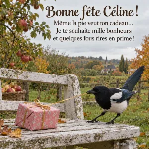 Une pie tire la ficelle dorée d’un cadeau rose sur un banc de jardin, avec le message « Bonne fête Céline ! Même la pie veut ton cadeau… Je te souhaite mille bonheurs et quelques fous rires en prime ! ».