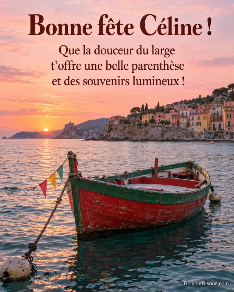 Une barque catalane rouge et verte se balance devant les maisons de Collioure, avec le message « Bonne fête Céline ! Que la douceur du large t’offre une belle parenthèse et des souvenirs lumineux ! ».
