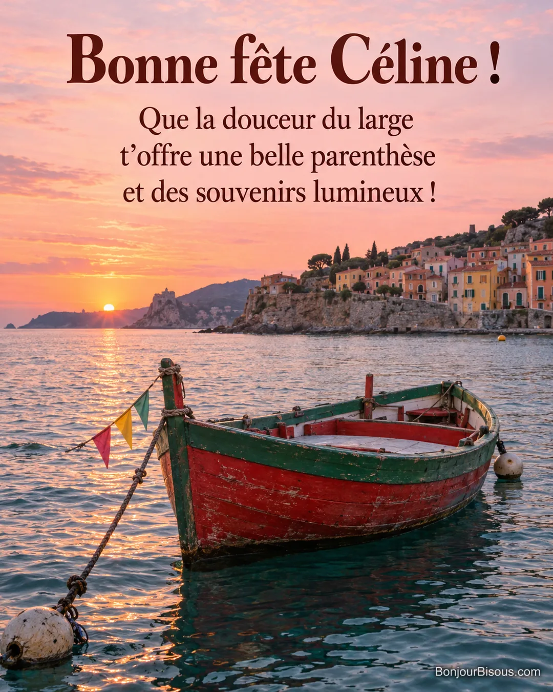 Une barque catalane rouge et verte se balance devant les maisons de Collioure, avec le message « Bonne fête Céline ! Que la douceur du large t’offre une belle parenthèse et des souvenirs lumineux ! ». Une barque catalane rouge et verte se balance devant les maisons de Collioure, avec le message « Bonne fête Céline ! Que la douceur du large t’offre une belle parenthèse et des souvenirs lumineux ! ».