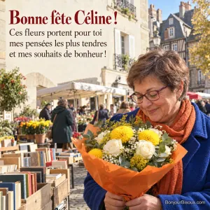 Une passante reçoit un bouquet jaune et blanc sur un marché de Rennes, avec le message « Bonne fête Céline ! Ces fleurs portent pour toi mes pensées les plus tendres et mes souhaits de bonheur ! ».