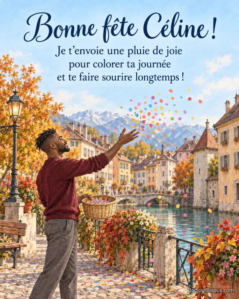 Un décorateur lance des confettis près d’un canal d’Annecy, avec le message « Bonne fête Céline ! Je t’envoie une pluie de joie pour colorer ta journée et te faire sourire longtemps ! ».