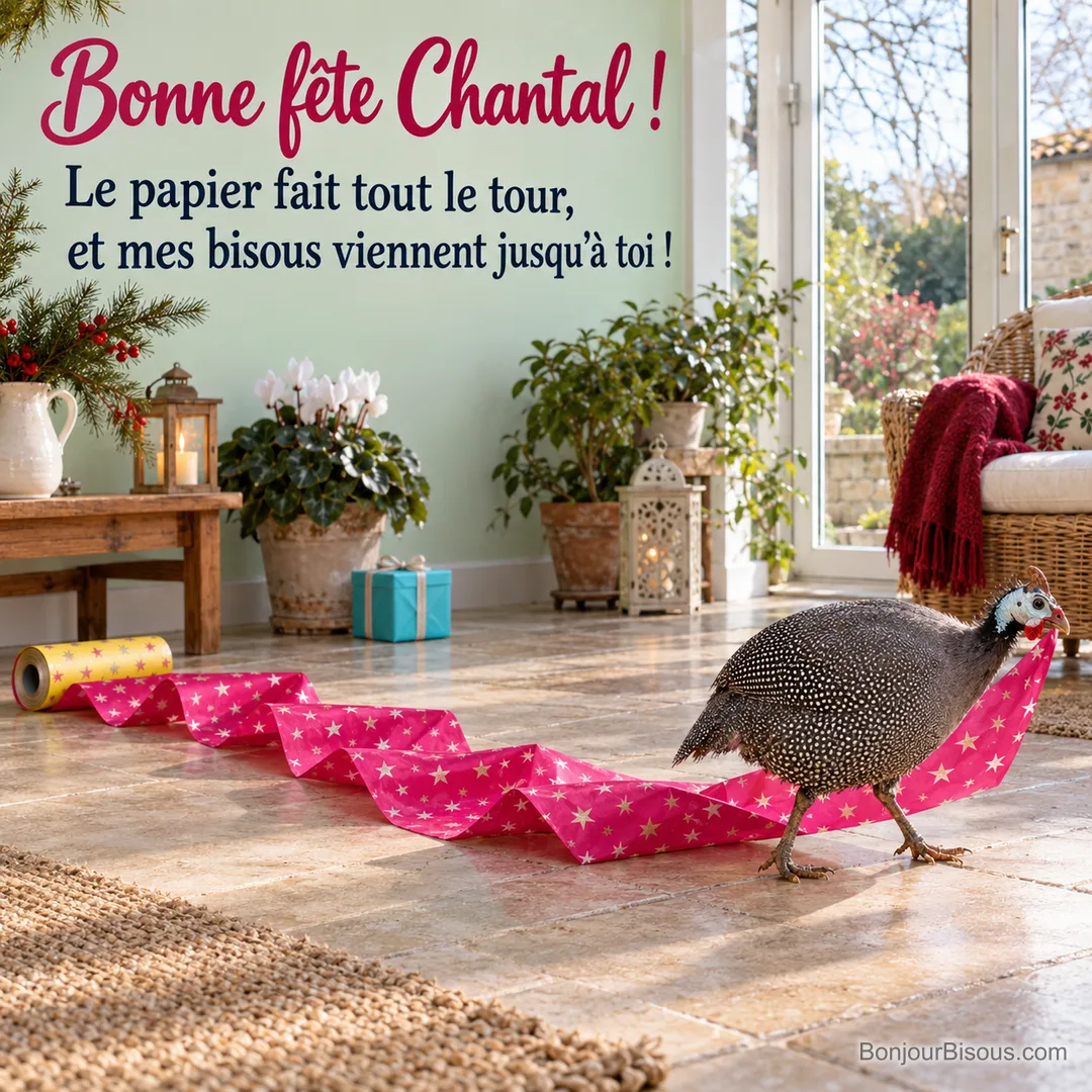 Une pintade déroule une interminable bande de papier cadeau fuchsia derrière elle, avec le message « Bonne fête Chantal ! Le papier fait tout le tour, et mes bisous viennent jusqu’à toi ! ». Une pintade déroule une interminable bande de papier cadeau fuchsia derrière elle, avec le message « Bonne fête Chantal ! Le papier fait tout le tour, et mes bisous viennent jusqu’à toi ! ».