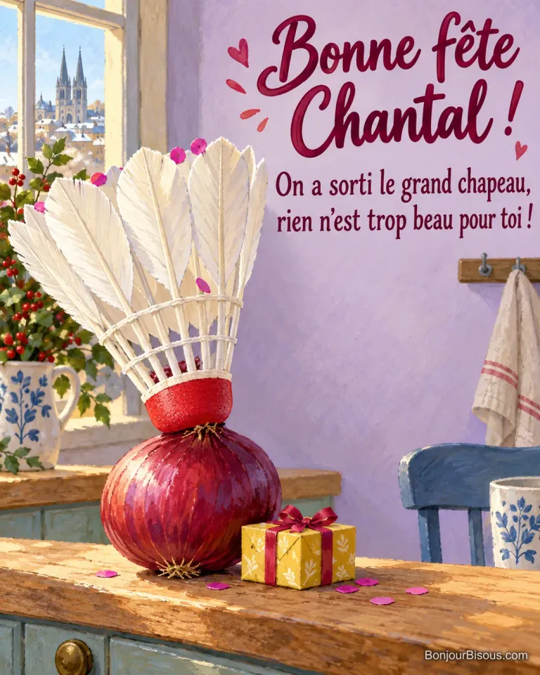 Un oignon rouge porte un volant de badminton renversé comme un immense chapeau plein de confettis, avec le message « Bonne fête Chantal ! On a sorti le grand chapeau, rien n’est trop beau pour toi ! ».