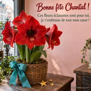 Un amaryllis rouge écarlate s’épanouit dans un panier en osier orné d’un nœud turquoise, avec le message « Bonne fête Chantal ! Ces fleurs éclatantes sont pour toi, je t’embrasse de tout mon cœur ! ».