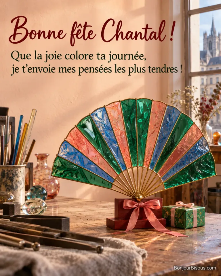 Un éventail décoratif en verre coloré s’ouvre sur un support rouge orné d’un ruban rose, avec le message « Bonne fête Chantal ! Que la joie colore ta journée, je t’envoie mes pensées les plus tendres ! ».