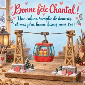 Un téléphérique miniature rouge transporte un petit cadeau jaune dans sa cabine turquoise, avec le message « Bonne fête Chantal ! Une cabine remplie de douceur, et mes plus beaux bisous pour toi ! ».
