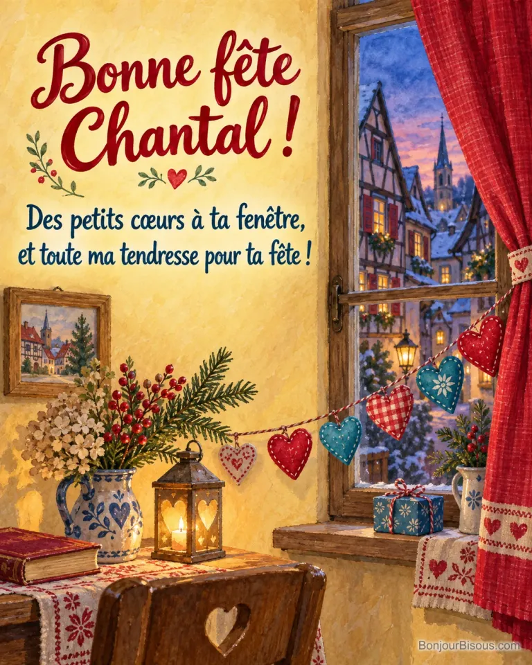 Une guirlande de cœurs cousus en couleurs décore une fenêtre ouverte sur un village alsacien, avec le message « Bonne fête Chantal ! Des petits cœurs à ta fenêtre, et toute ma tendresse pour ta fête ! ».