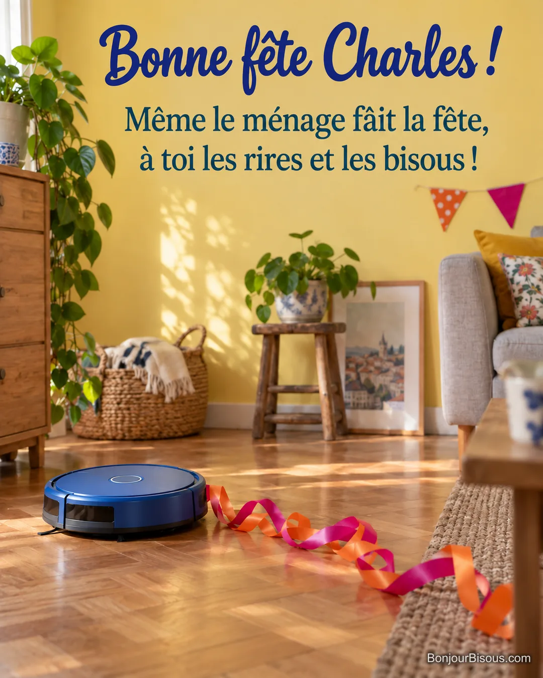 Un aspirateur robot entraîne un cortège de serpentins colorés sur le parquet, avec le message « Bonne fête Charles ! Même le ménage fait la fête, à toi les rires et les bisous ! ». Un aspirateur robot entraîne un cortège de serpentins colorés sur le parquet, avec le message « Bonne fête Charles ! Même le ménage fait la fête, à toi les rires et les bisous ! ».