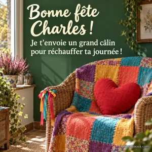 Un fauteuil en osier est enveloppé dans un plaid en patchwork vivement coloré, avec le message « Bonne fête Charles ! Je t’envoie un grand câlin pour réchauffer ta journée ! ».