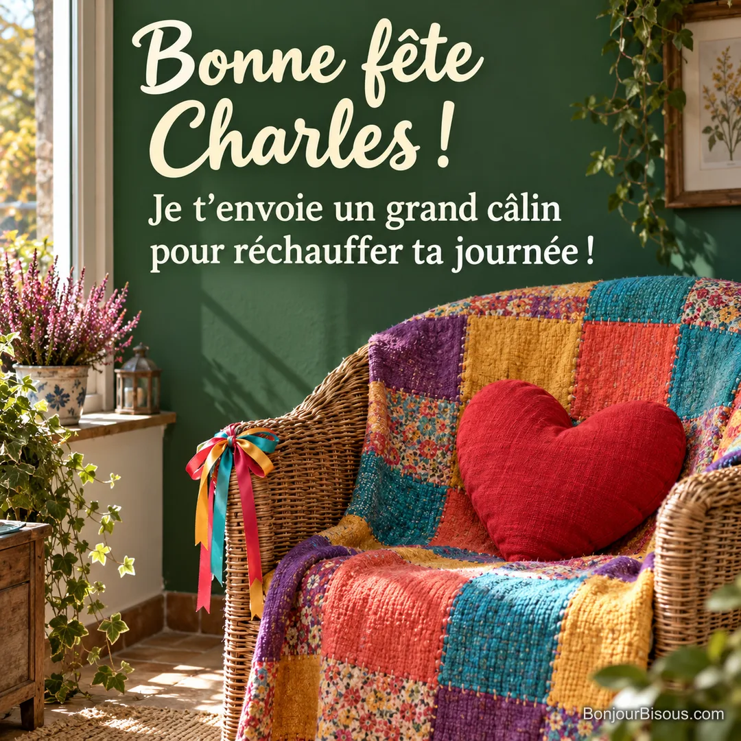 Un fauteuil en osier est enveloppé dans un plaid en patchwork vivement coloré, avec le message « Bonne fête Charles ! Je t’envoie un grand câlin pour réchauffer ta journée ! ». Un fauteuil en osier est enveloppé dans un plaid en patchwork vivement coloré, avec le message « Bonne fête Charles ! Je t’envoie un grand câlin pour réchauffer ta journée ! ».