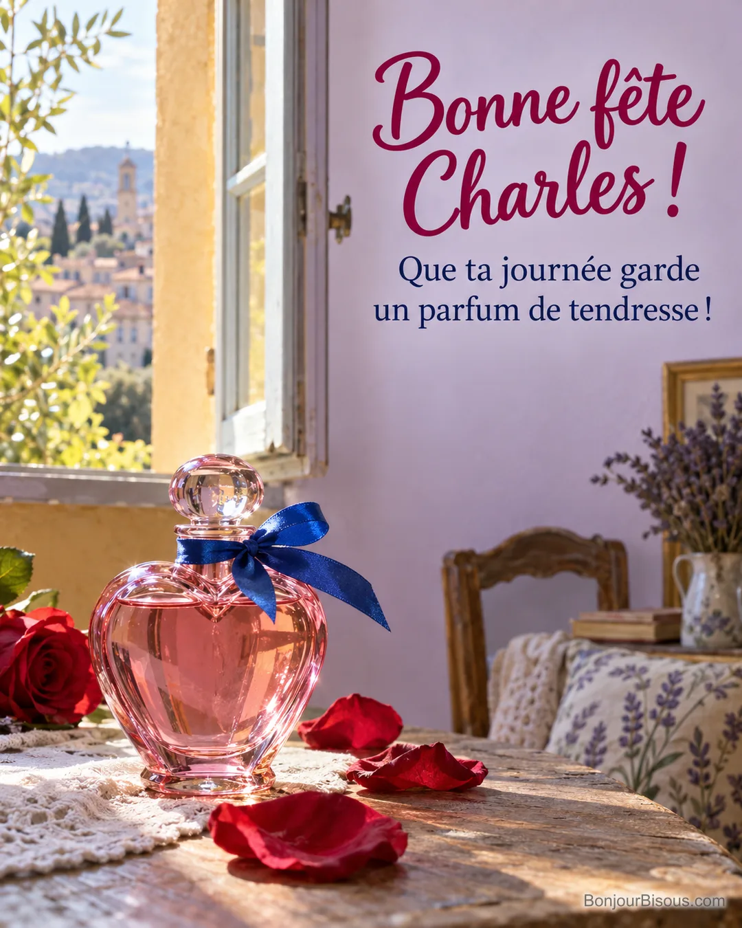 Un flacon de parfum en forme de cœur est noué d’un ruban bleu près de pétales de roses, avec le message « Bonne fête Charles ! Que ta journée garde un parfum de tendresse ! ». Un flacon de parfum en forme de cœur est noué d’un ruban bleu près de pétales de roses, avec le message « Bonne fête Charles ! Que ta journée garde un parfum de tendresse ! ».
