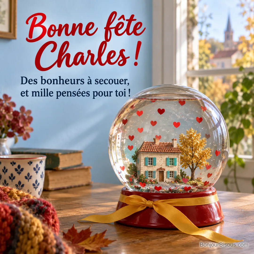 Une boule de verre abrite une petite maison et des confettis rouges en forme de cœur, avec le message « Bonne fête Charles ! Des bonheurs à secouer, et mille pensées pour toi ! ». Une boule de verre abrite une petite maison et des confettis rouges en forme de cœur, avec le message « Bonne fête Charles ! Des bonheurs à secouer, et mille pensées pour toi ! ».