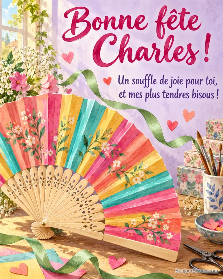 Un éventail artisanal multicolore s’ouvre parmi de petits cœurs en papier, avec le message « Bonne fête Charles ! Un souffle de joie pour toi, et mes plus tendres bisous ! ».