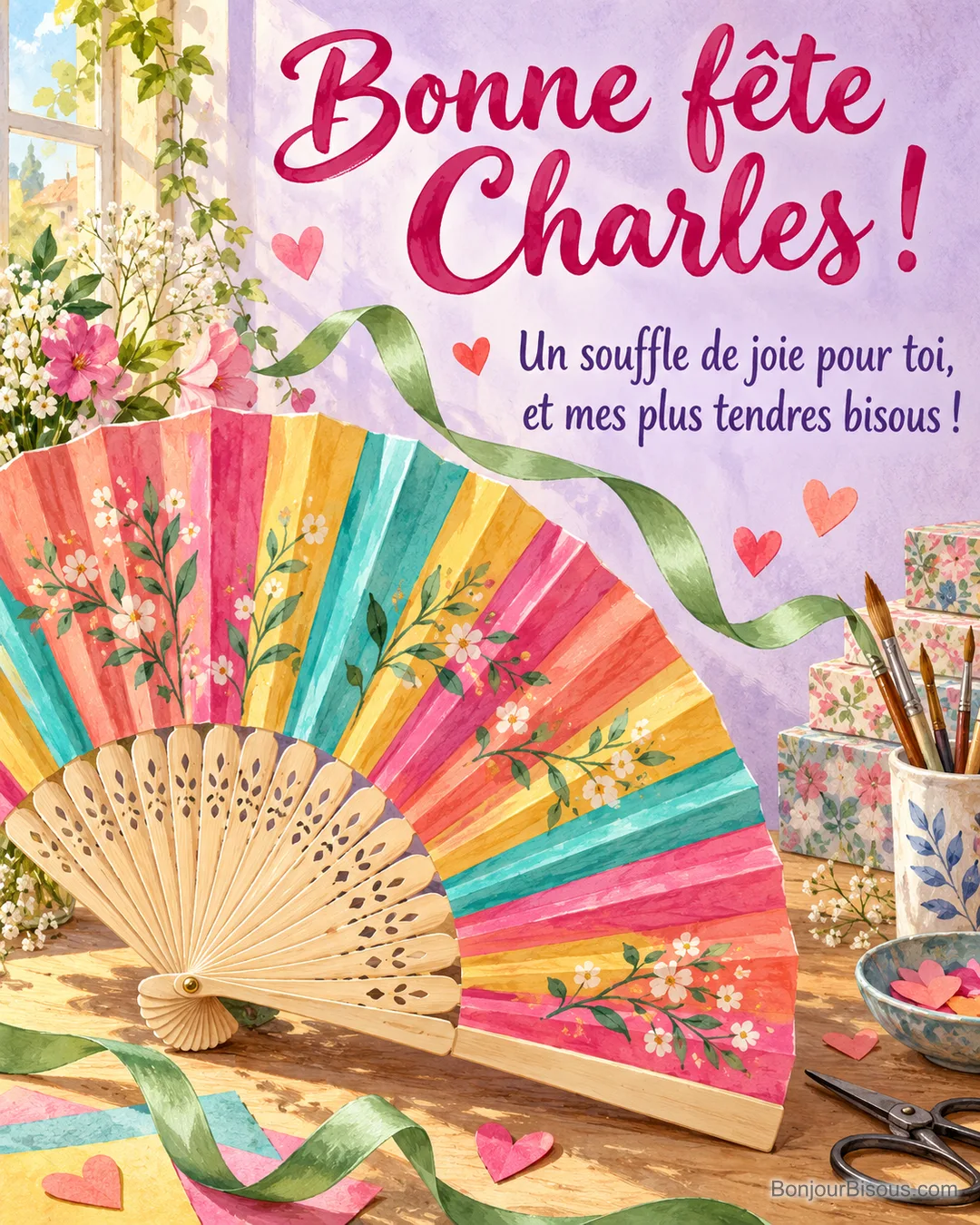 Un éventail artisanal multicolore s’ouvre parmi de petits cœurs en papier, avec le message « Bonne fête Charles ! Un souffle de joie pour toi, et mes plus tendres bisous ! ». Un éventail artisanal multicolore s’ouvre parmi de petits cœurs en papier, avec le message « Bonne fête Charles ! Un souffle de joie pour toi, et mes plus tendres bisous ! ».