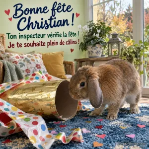 Un lapin brun inspecte un tube de papier cadeau vide, une oreille souple devant l’ouverture, avec le message « Bonne fête Christian ! Ton inspecteur vérifie la fête ! Je te souhaite plein de câlins ! ».