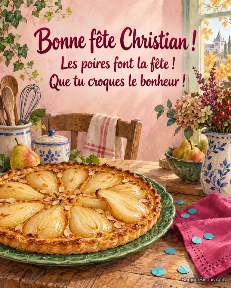 Sur une tarte aux poires, une demi-poire de travers bouscule joyeusement la couronne de fruits, avec le message « Bonne fête Christian ! Les poires font la fête ! Que tu croques le bonheur ! ».