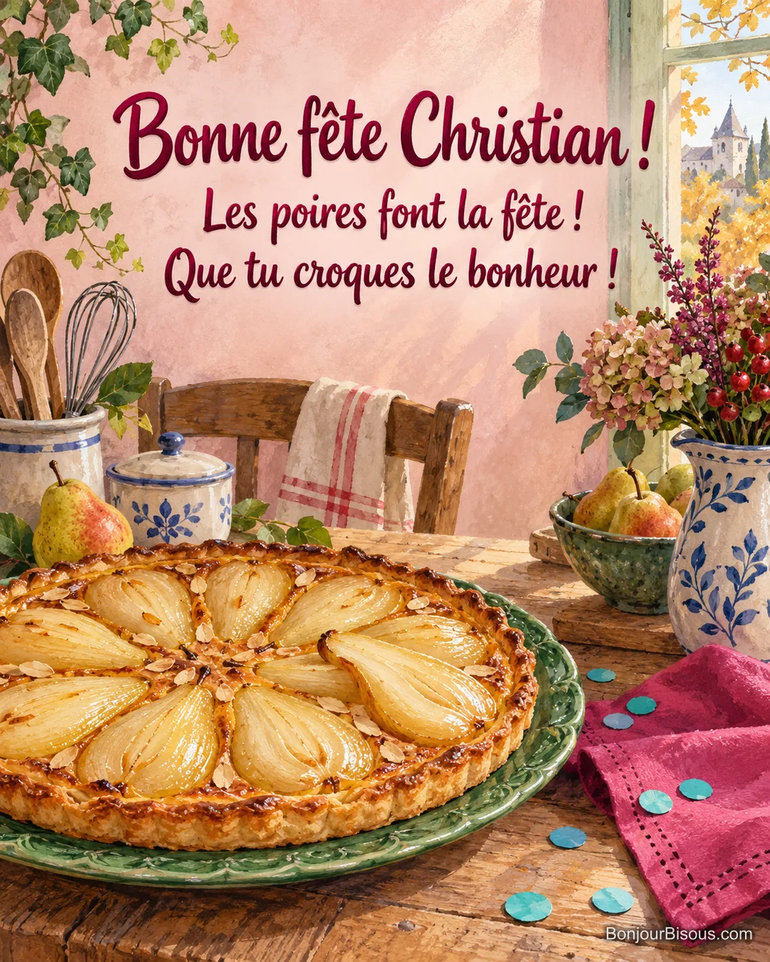Sur une tarte aux poires, une demi-poire de travers bouscule joyeusement la couronne de fruits, avec le message « Bonne fête Christian ! Les poires font la fête ! Que tu croques le bonheur ! ».