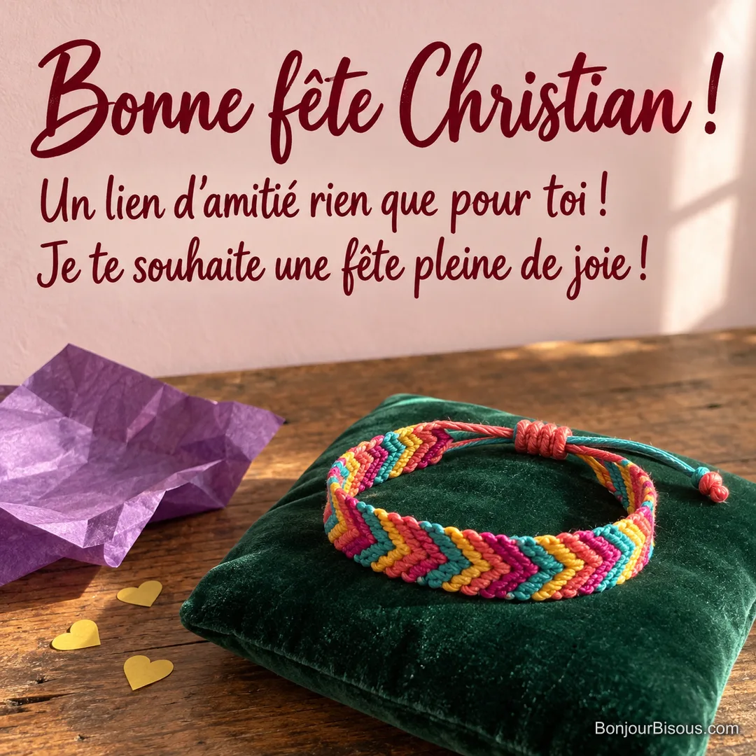 Un bracelet d’amitié en coton multicolore repose sur un coussin de velours vert, prêt à être offert. La carte porte le message « Bonne fête Christian ! Un lien d’amitié rien que pour toi ! Je te souhaite une fête pleine de joie ! ».
