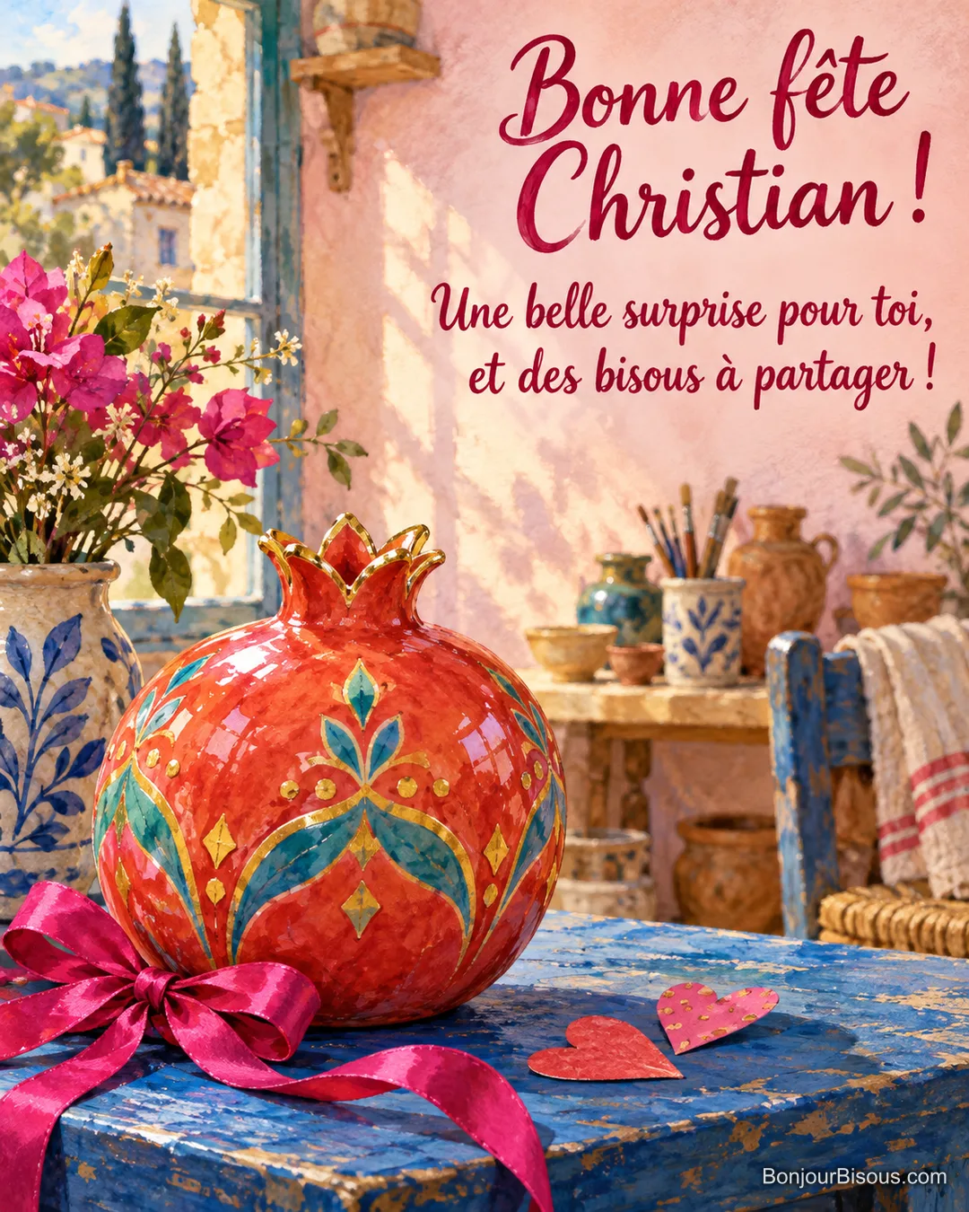 Une grenade décorative en céramique rouge et turquoise est présentée comme un cadeau artisanal, avec le message « Bonne fête Christian ! Une belle surprise pour toi, et des bisous à partager ! ».