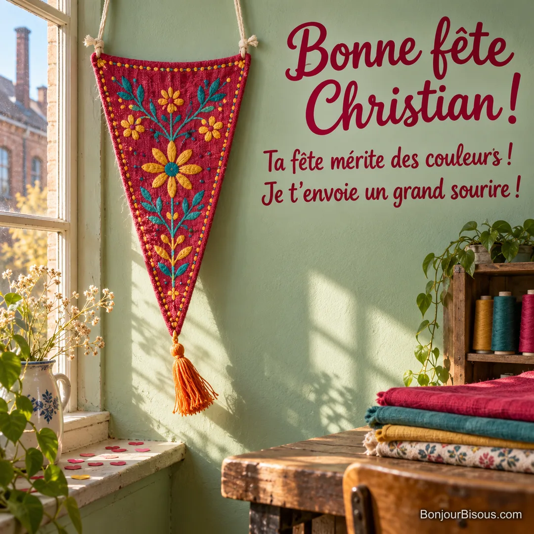 Un grand fanion framboise brodé de motifs jaunes et turquoise célèbre une amitié chaleureuse, avec le message « Bonne fête Christian ! Ta fête mérite des couleurs ! Je t’envoie un grand sourire ! ».
