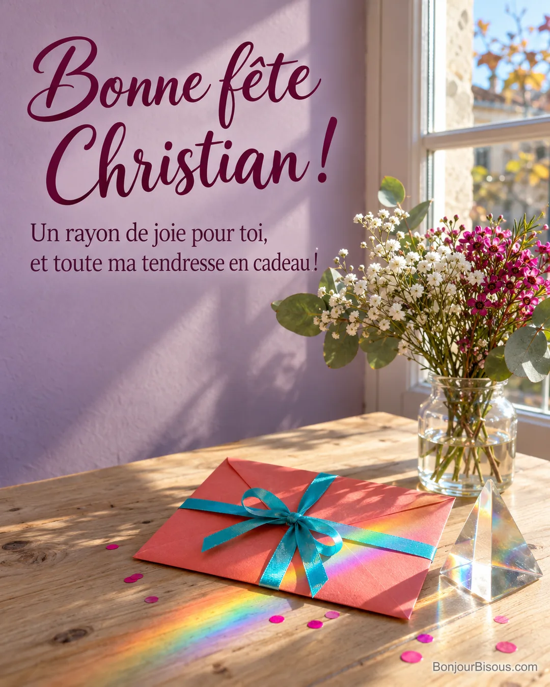 Un prisme en verre projette un arc-en-ciel sur une enveloppe cadeau corail près d’une fenêtre, avec le message « Bonne fête Christian ! Un rayon de joie pour toi, et toute ma tendresse en cadeau ! ».