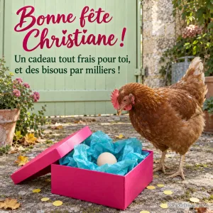 Une poule rousse découvre son œuf au milieu du papier de soie d’une boîte cadeau ouverte. Le message est : « Bonne fête Christiane ! Un cadeau tout frais pour toi, et des bisous par milliers ! ».
